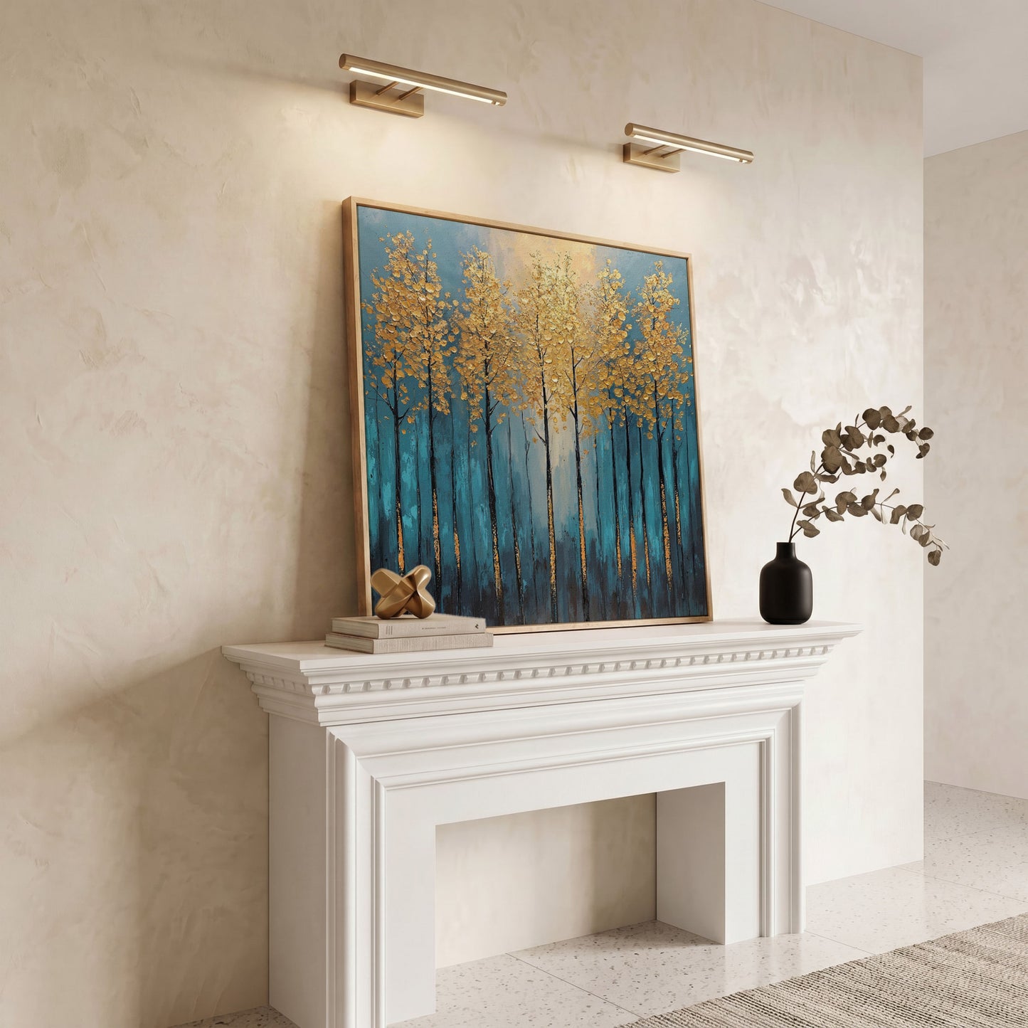Abstract Trees with Golden Leaves Canvas in white oak floating frame