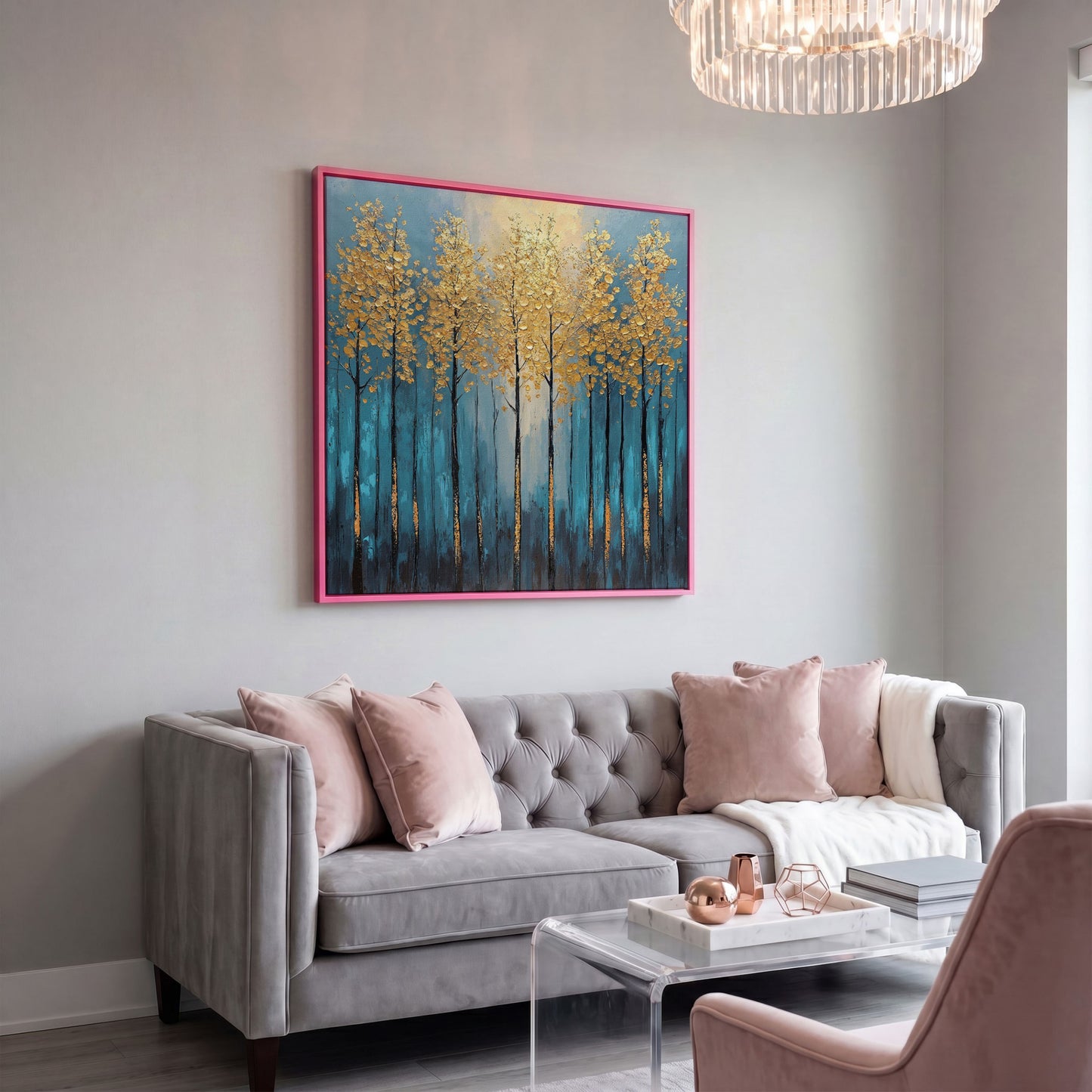 Abstract Trees with Golden Leaves Canvas in pink floating frame