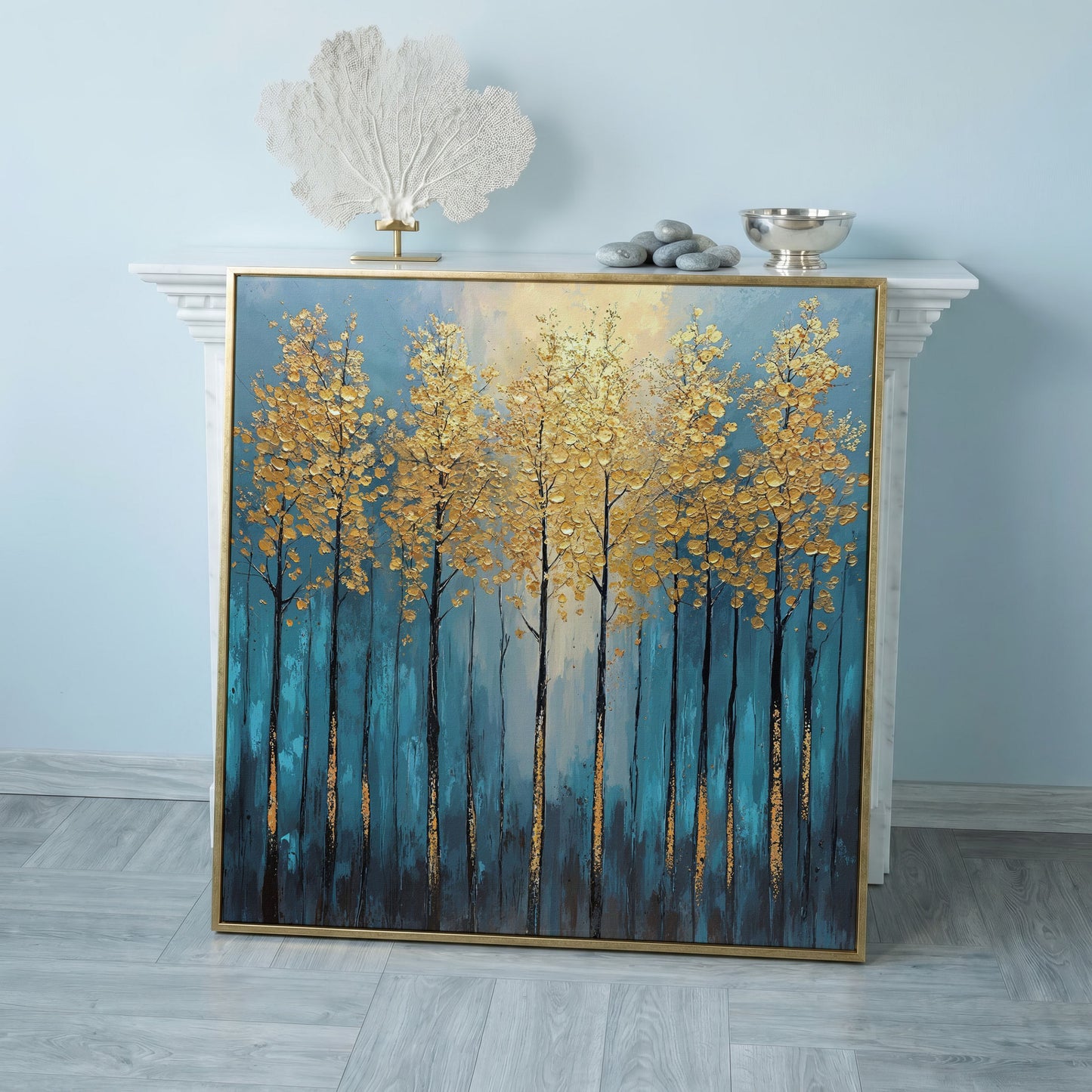 Abstract Trees with Golden Leaves Canvas in rose gold floating frame
