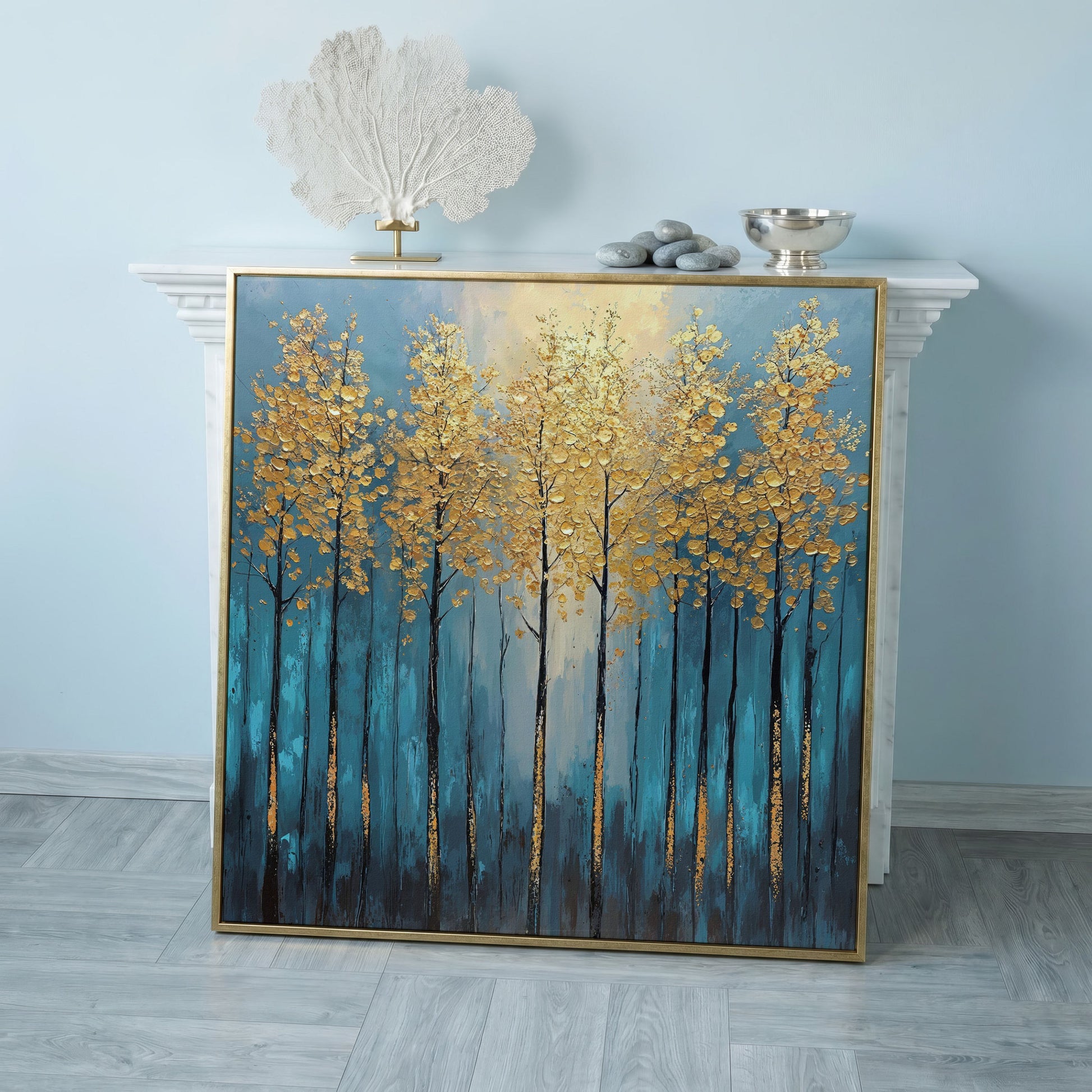 Abstract Trees with Golden Leaves Canvas in rose gold floating frame
