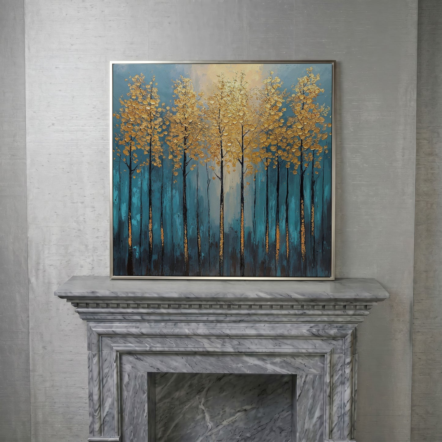 Abstract Trees with Golden Leaves Canvas in silver floating frame