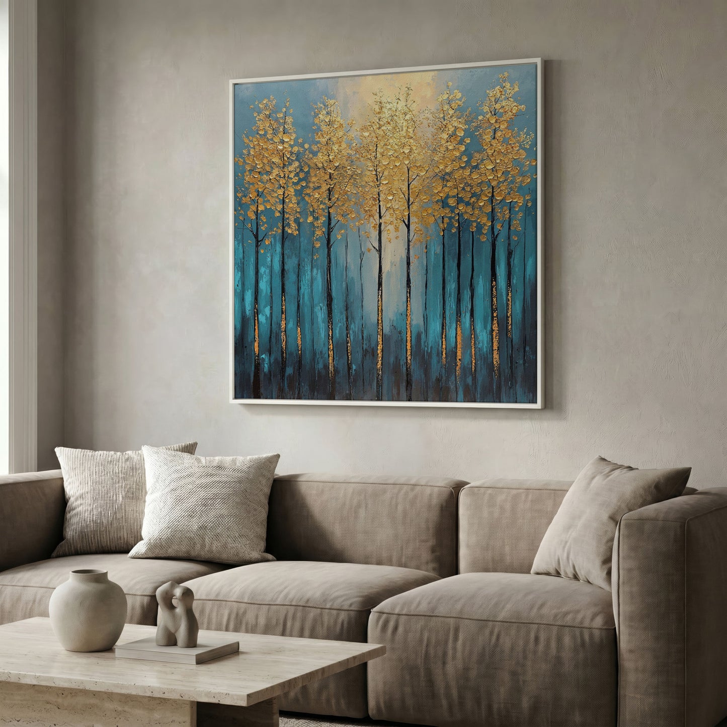 Abstract Trees with Golden Leaves Canvas in white floating frame