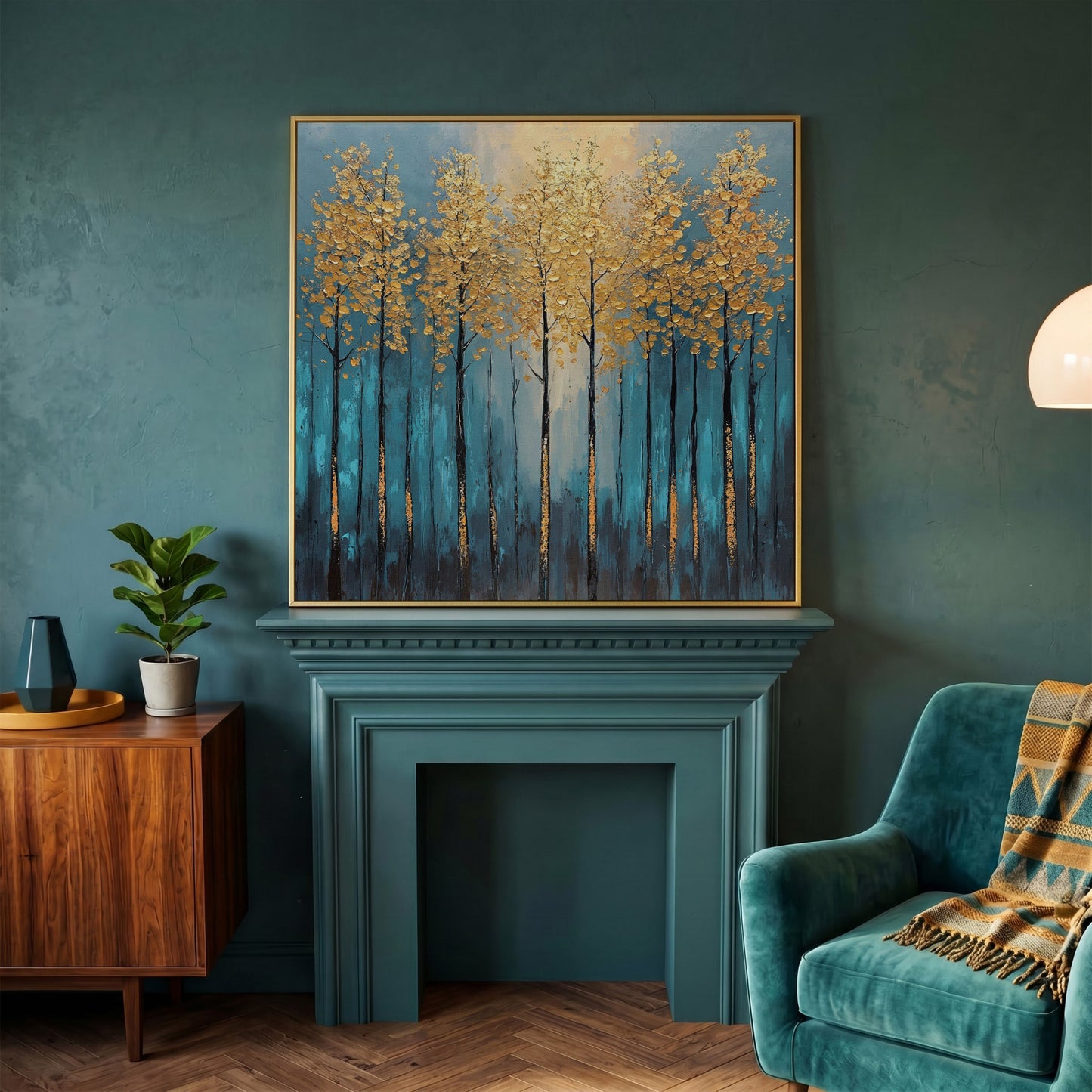 Abstract Trees with Golden Leaves Canvas in yellow gold floating frame