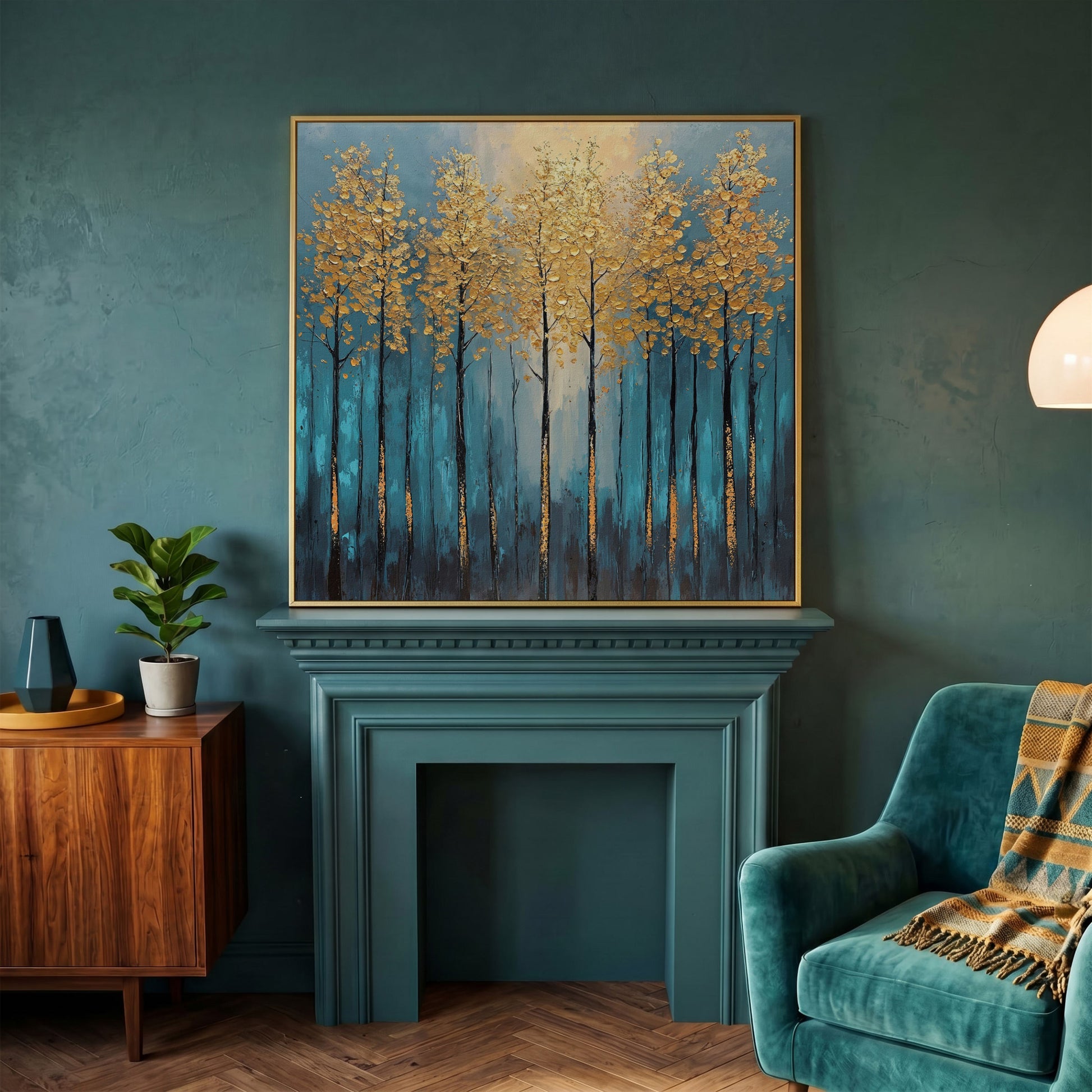 Abstract Trees with Golden Leaves Canvas in yellow gold floating frame