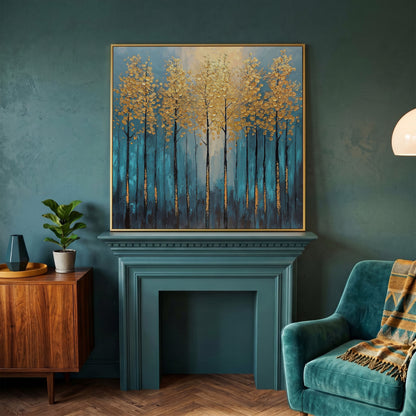 Abstract Trees with Golden Leaves Canvas in yellow gold floating frame