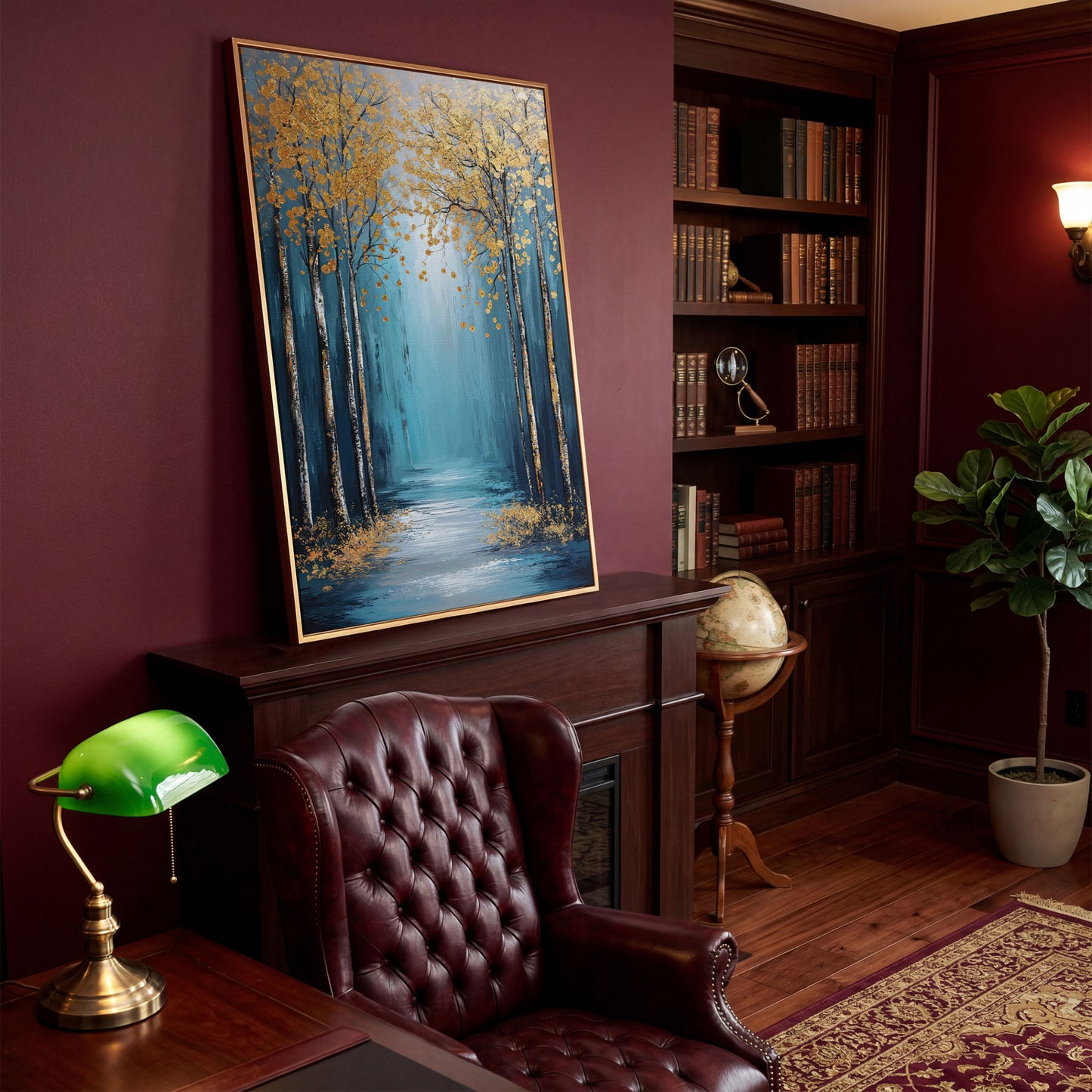 Golden Trees on Blue Canvas Print in antique gold floating frame