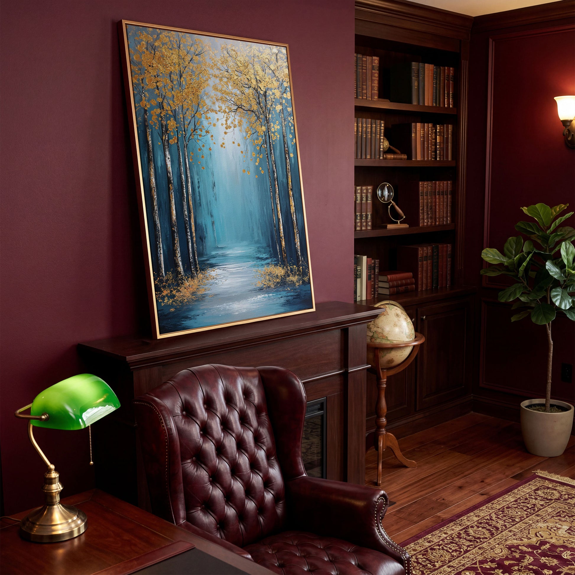Golden Trees on Blue Canvas Print in antique gold floating frame