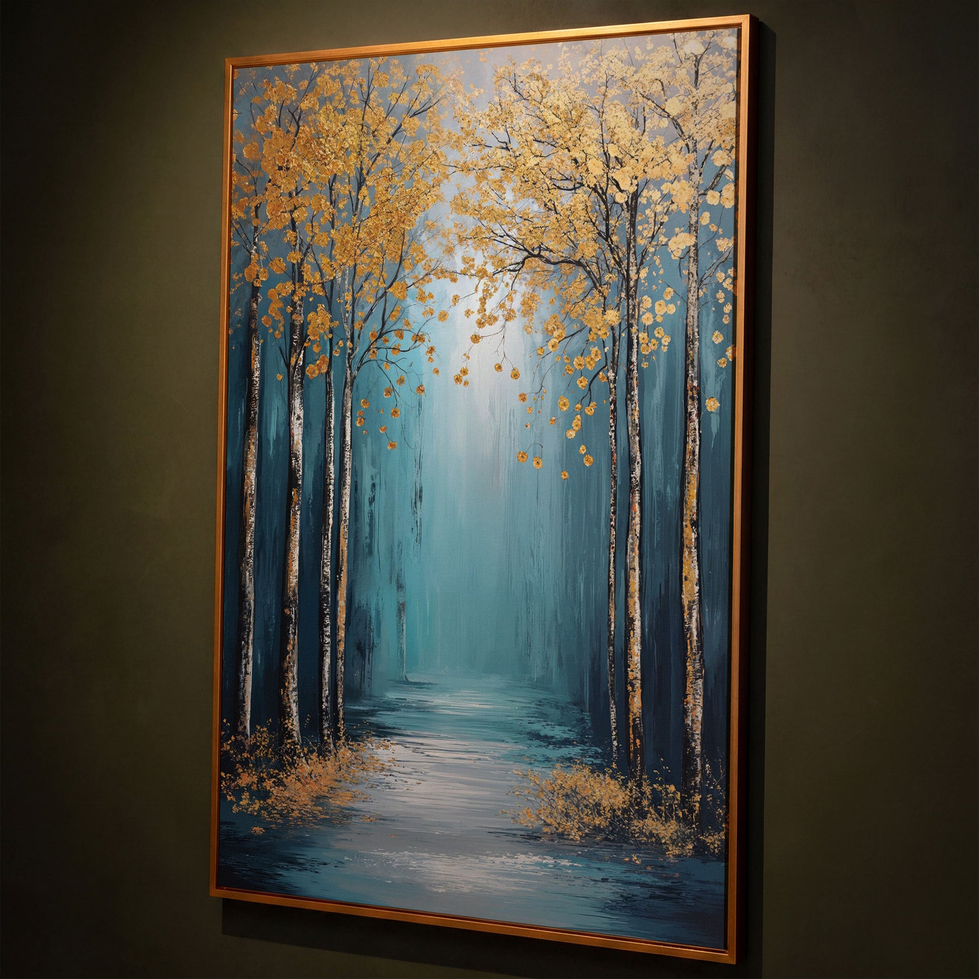 Golden Trees on Blue Canvas Print shown in antique gold floating frame