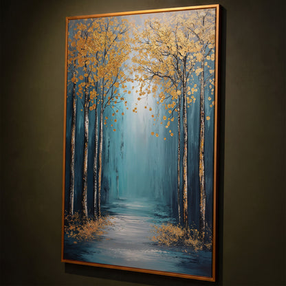 Golden Trees on Blue Canvas Print shown in antique gold floating frame