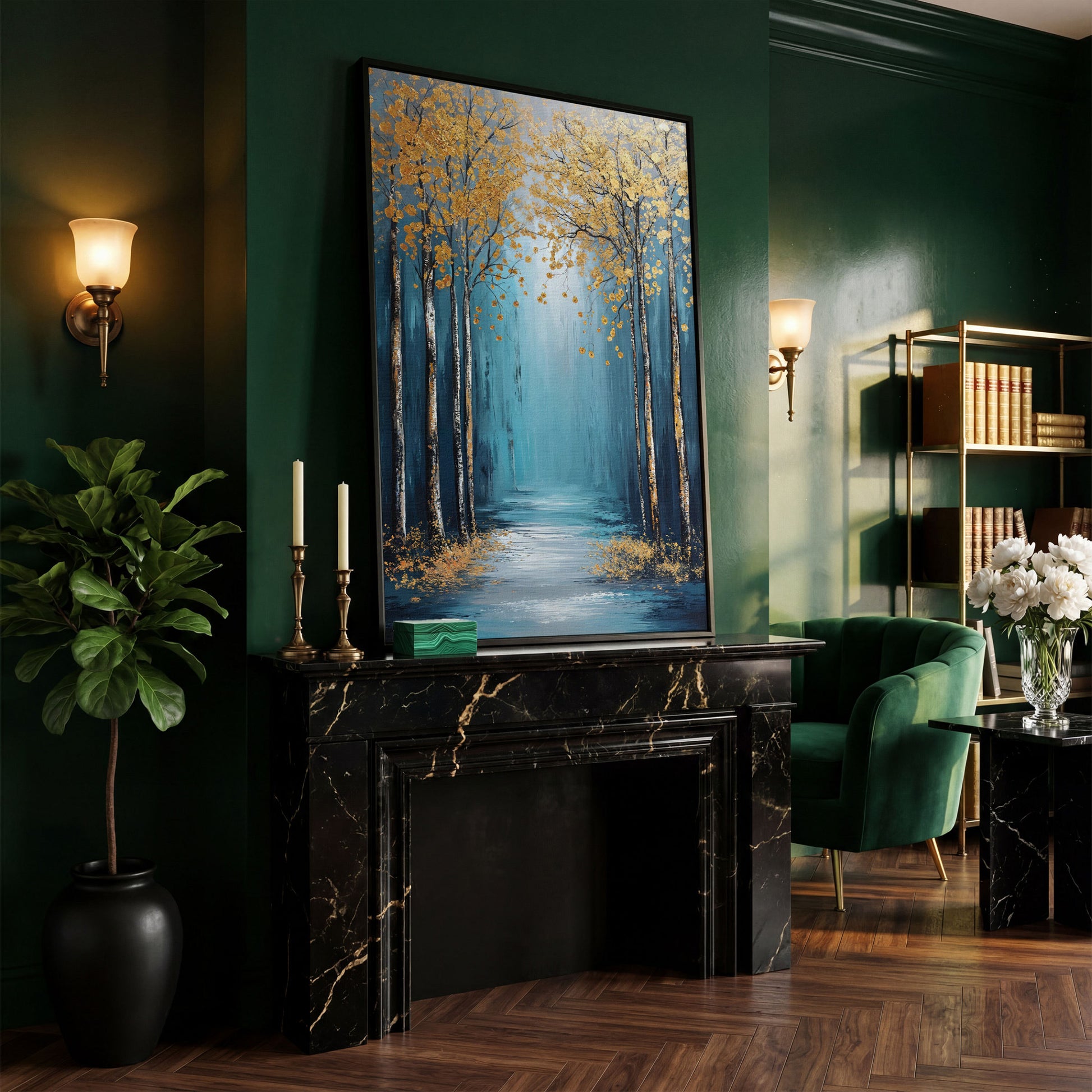 Golden Trees on Blue Canvas Print in black floating frame