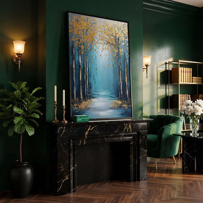 Golden Trees on Blue Canvas Print in black floating frame