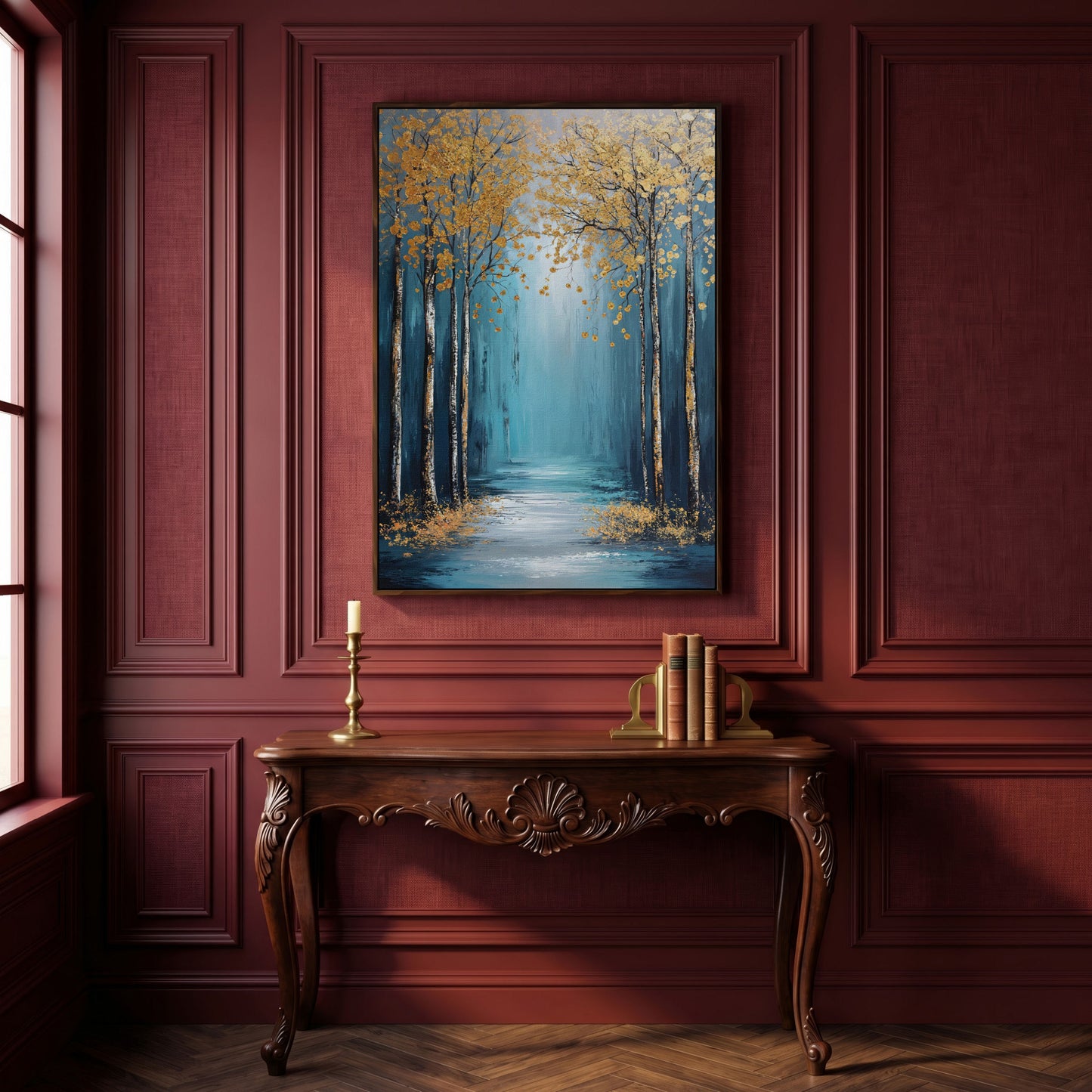 Golden Trees on Blue Canvas Print in dark walnut floating frame
