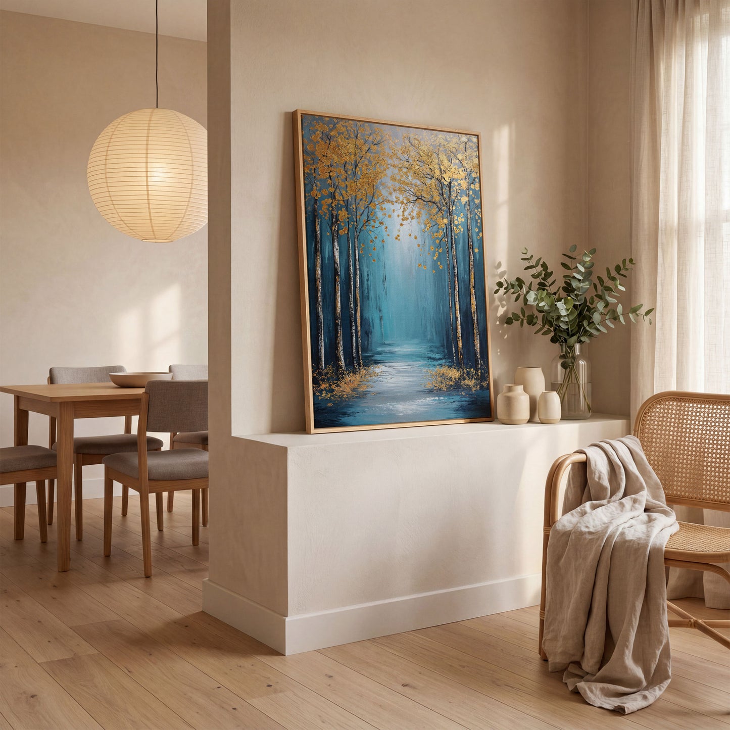 Golden Trees on Blue Canvas Print in white oak floating frame