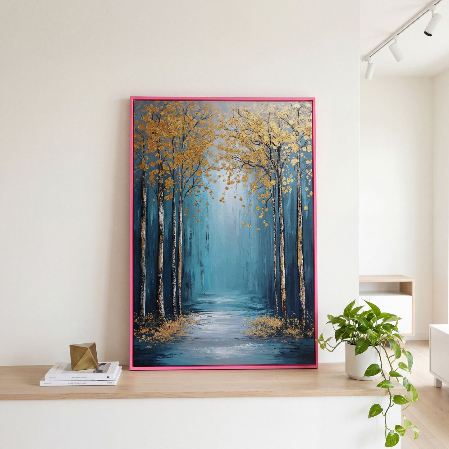 Golden Trees on Blue Canvas Print in pink floating frame