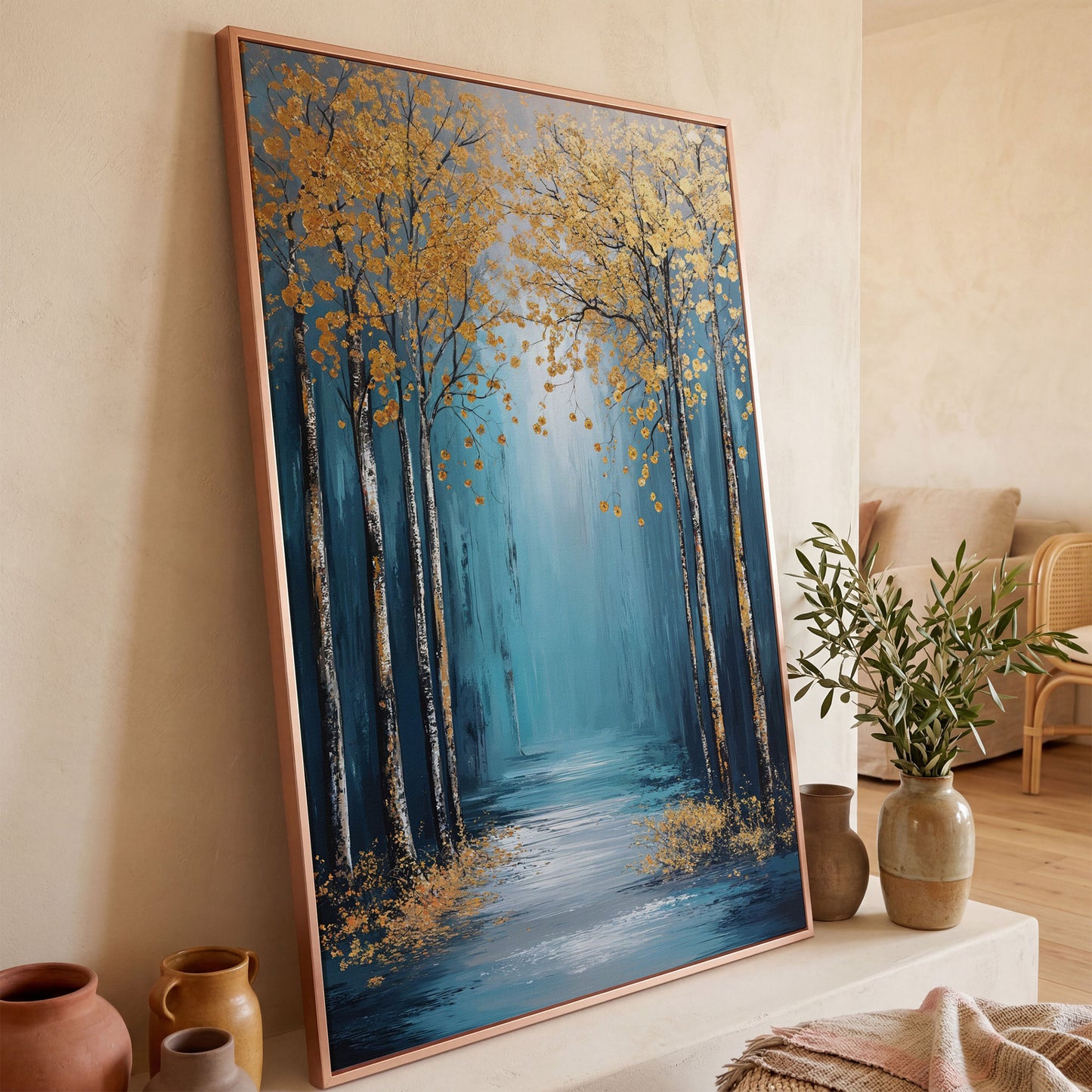 Golden Trees on Blue Canvas Print in rose gold floating frame