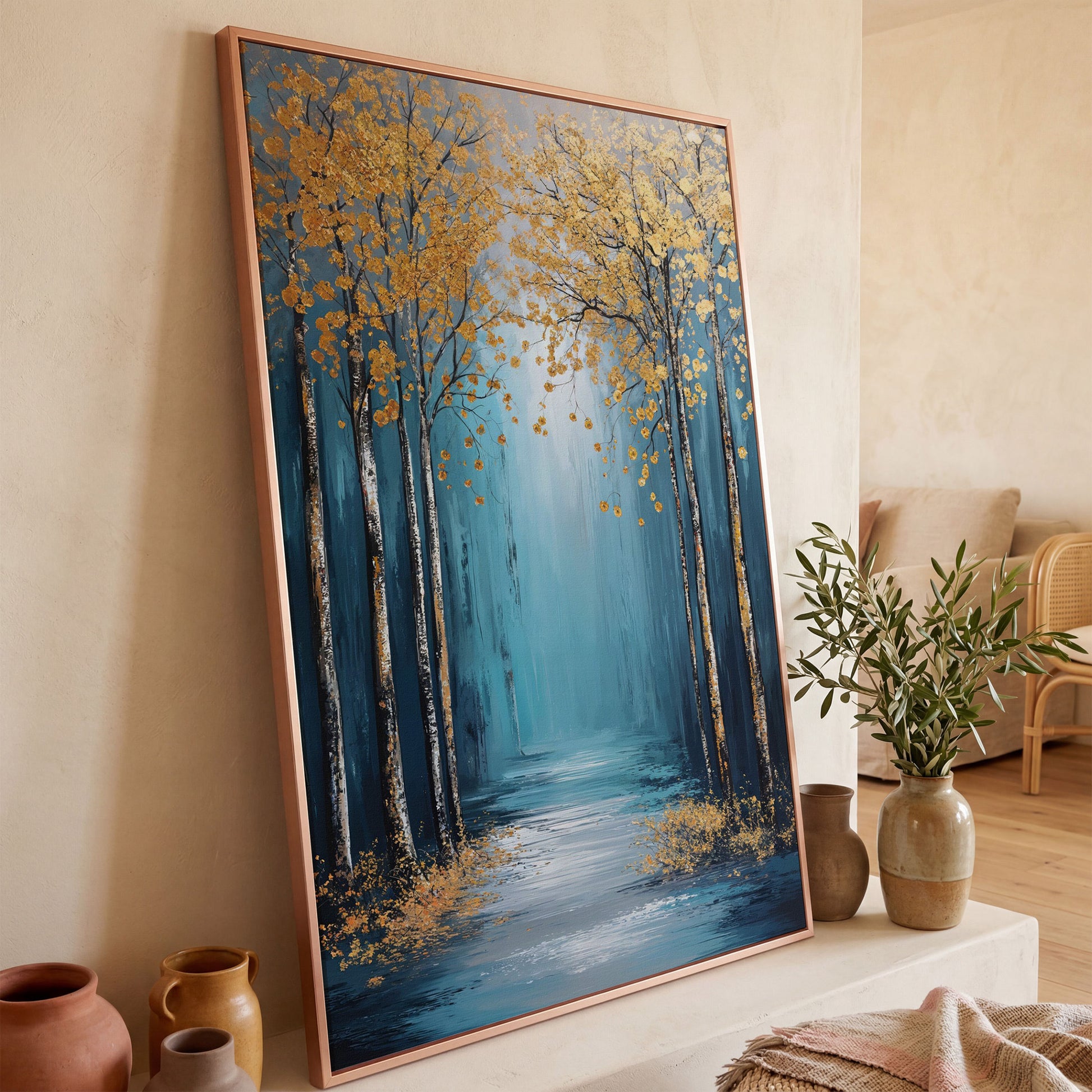 Golden Trees on Blue Canvas Print in rose gold floating frame