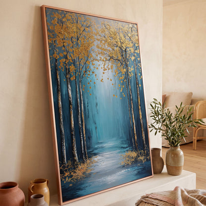 Golden Trees on Blue Canvas Print in rose gold floating frame