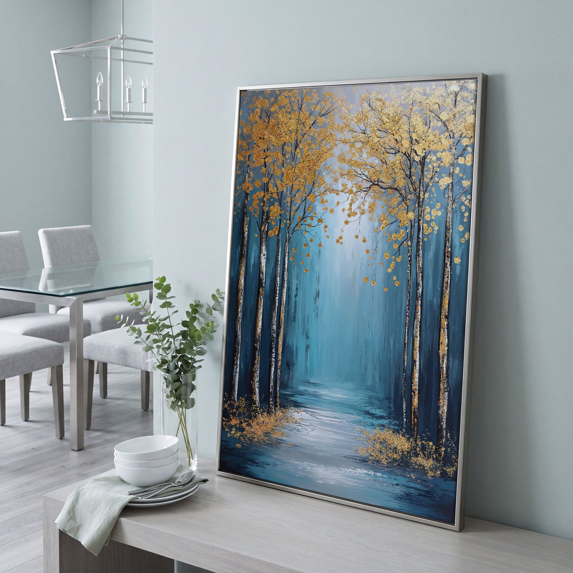 Golden Trees on Blue Canvas Print in silver floating frame