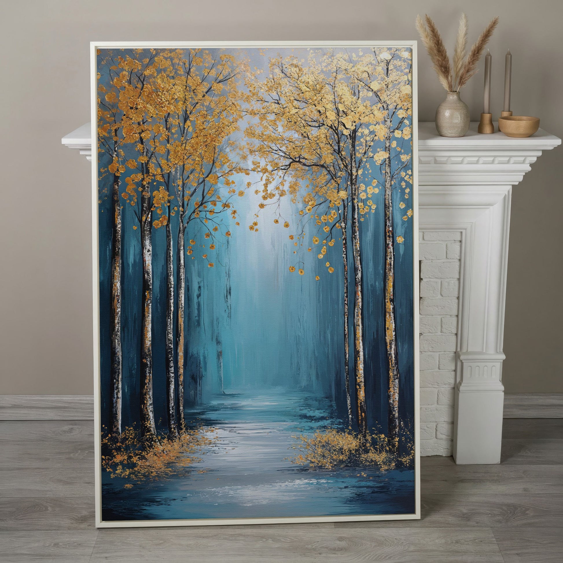 Golden Trees on Blue Canvas Print in white floating frame