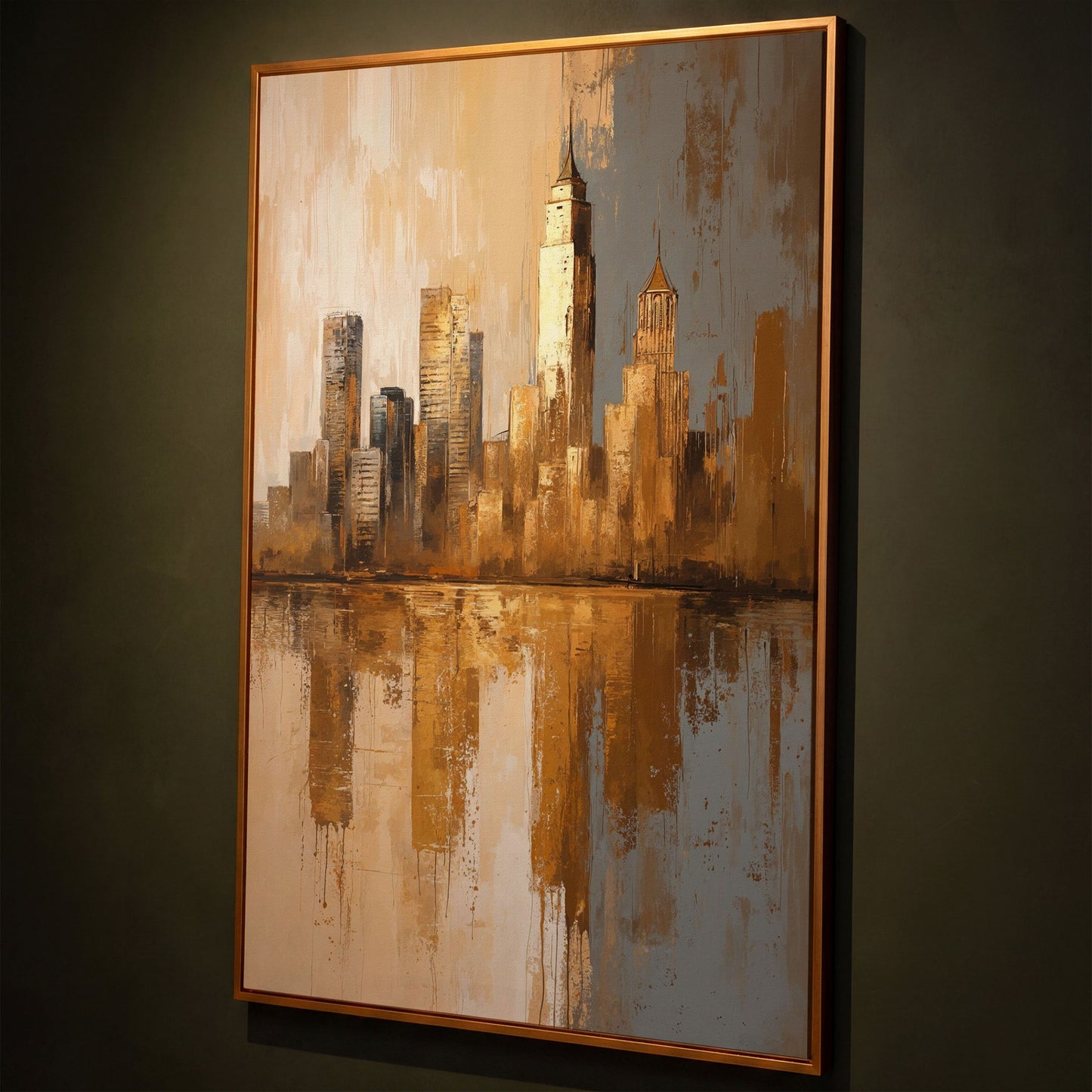 Golden Cityscape Reflection Canvas Print shown in antique gold floating frame