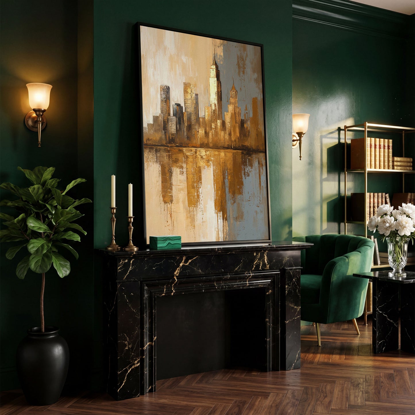 Golden Cityscape Reflection Canvas Print in black floating frame