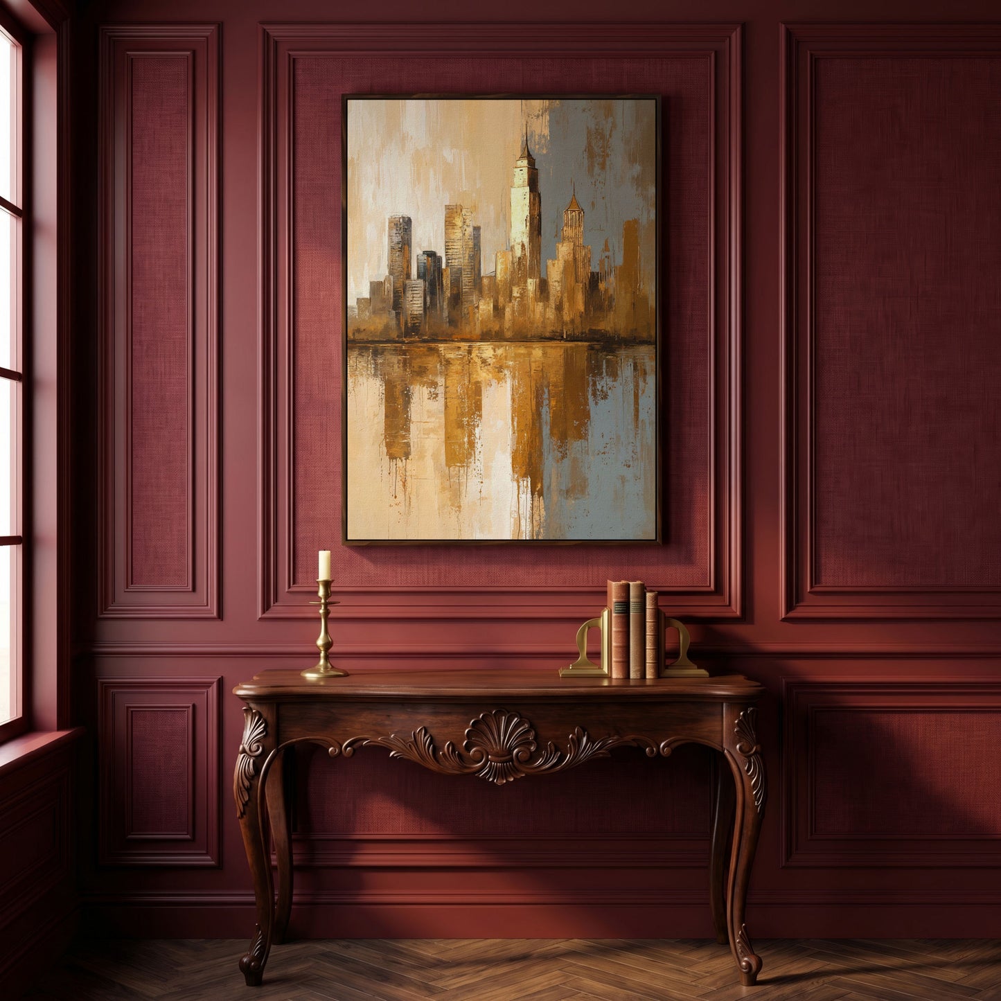 Golden Cityscape Reflection Canvas Print in dark walnut floating frame
