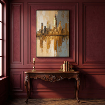 Golden Cityscape Reflection Canvas Print in dark walnut floating frame