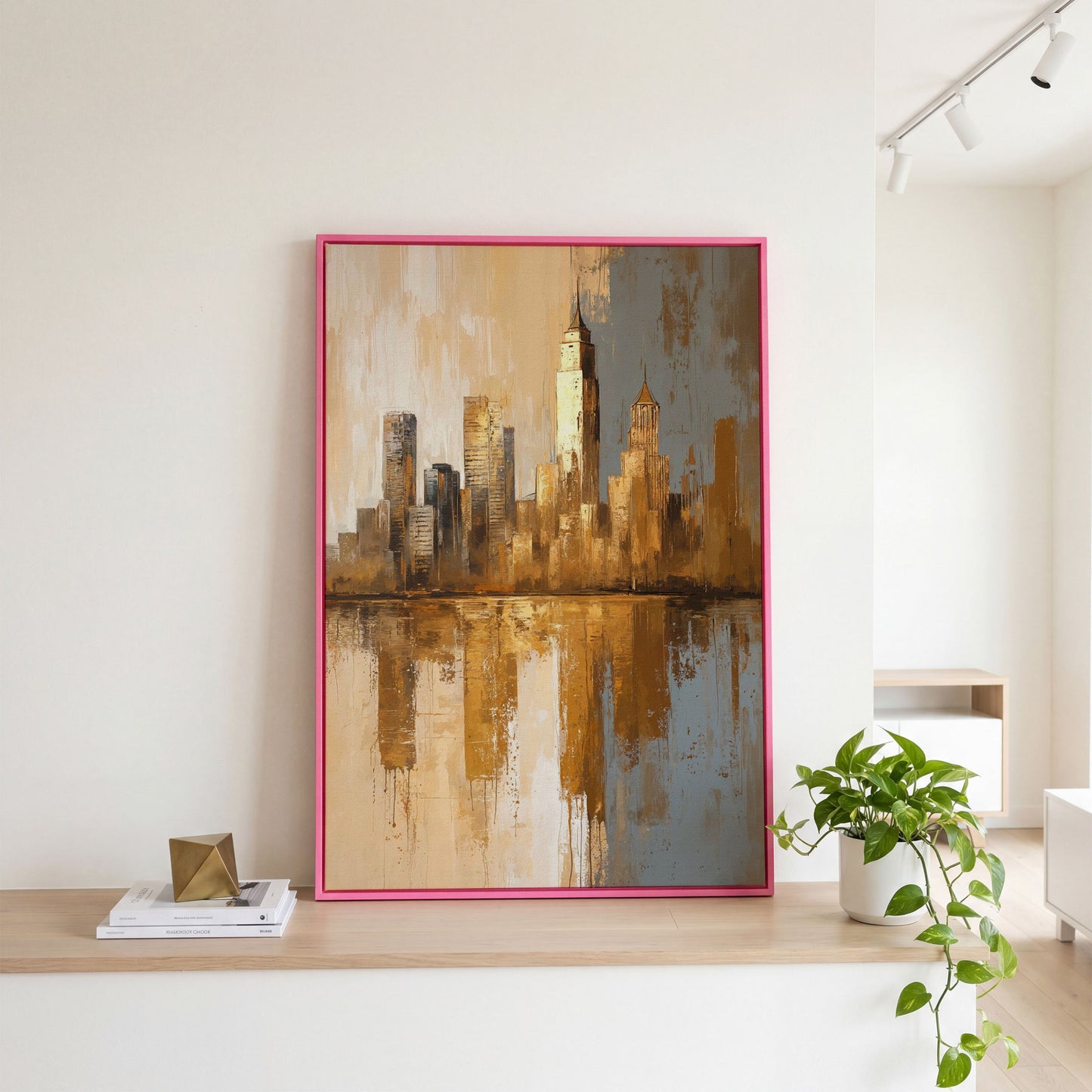 Golden Cityscape Reflection Canvas Print in pink floating frame