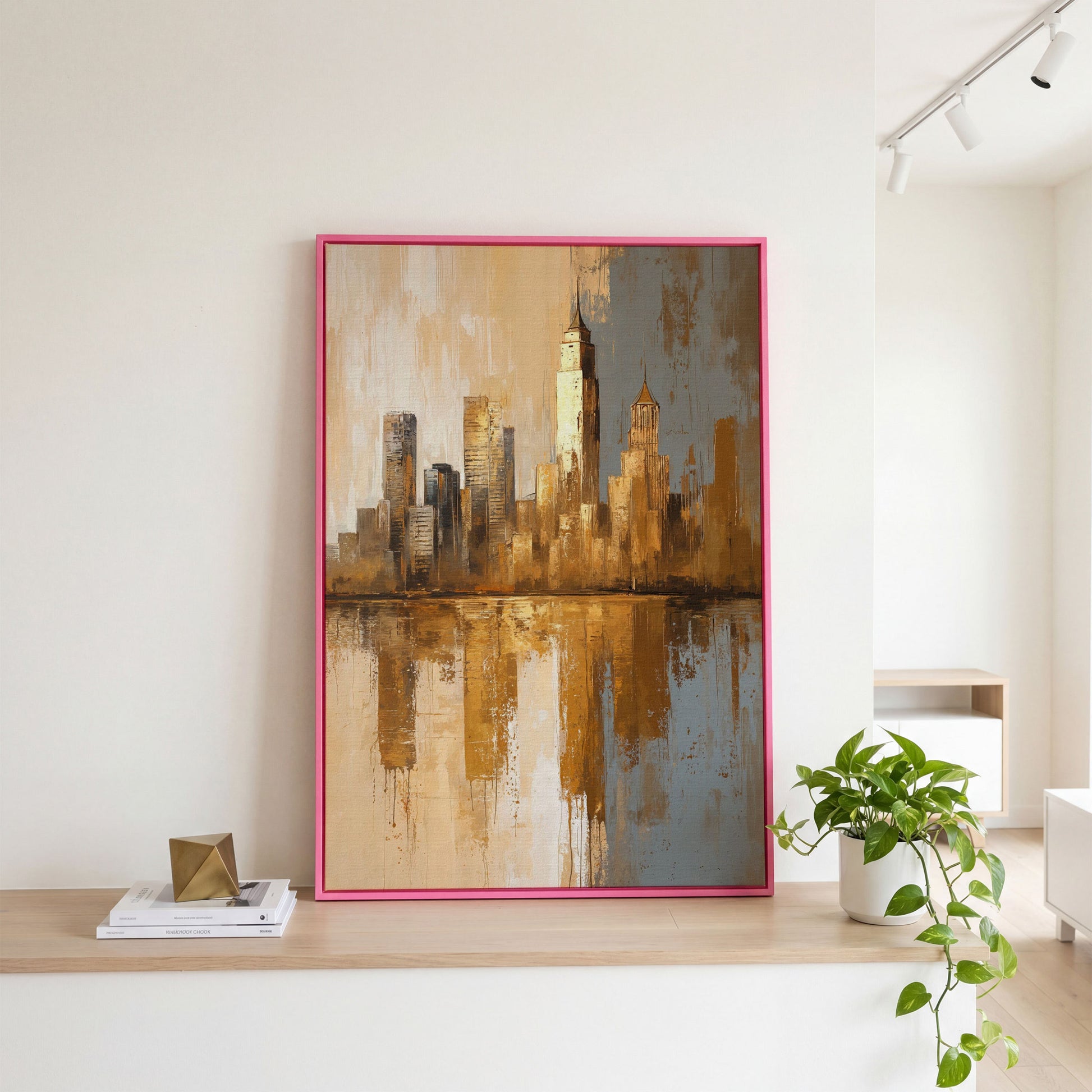 Golden Cityscape Reflection Canvas Print in pink floating frame