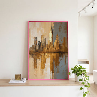 Golden Cityscape Reflection Canvas Print in pink floating frame