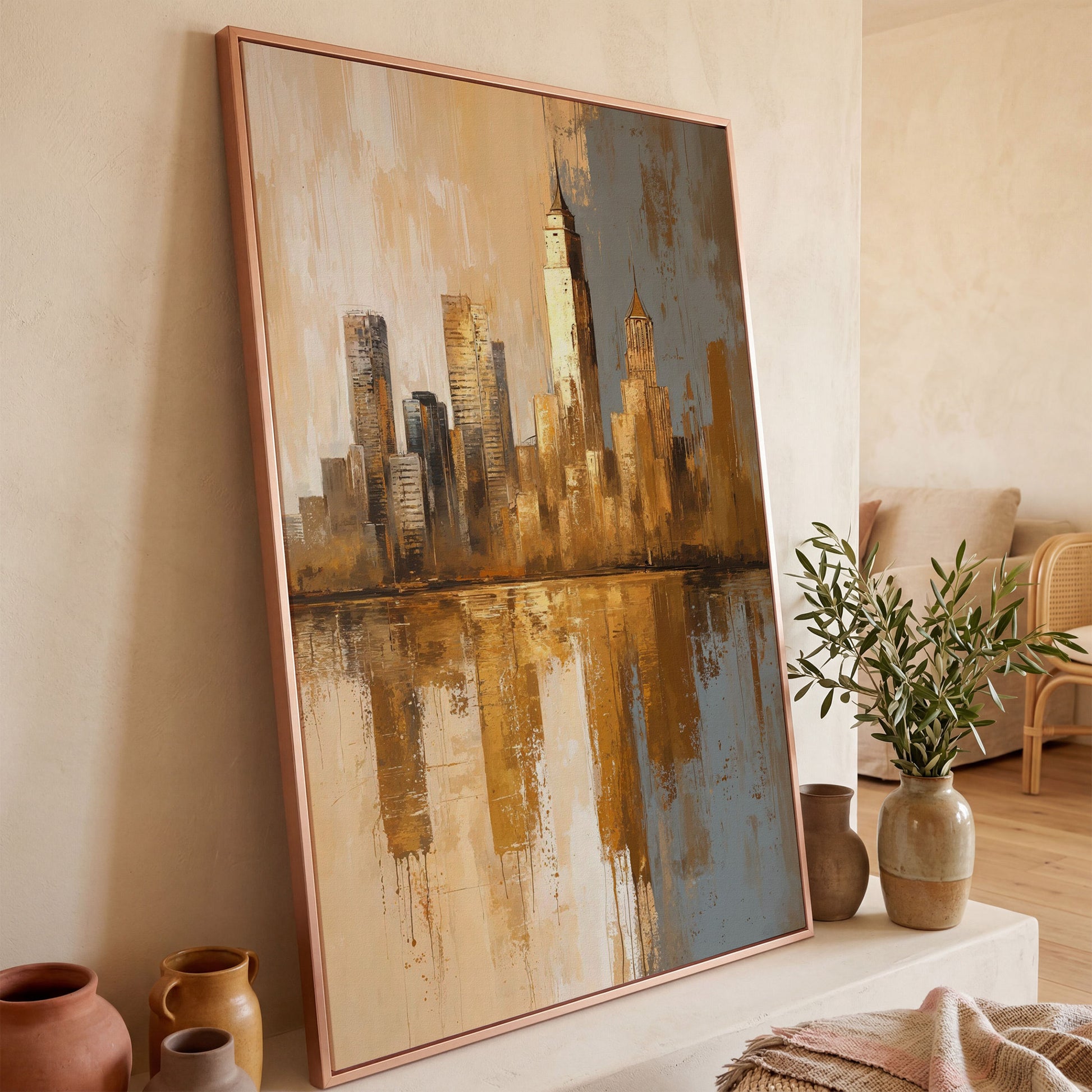Golden Cityscape Reflection Canvas Print in rose gold floating frame