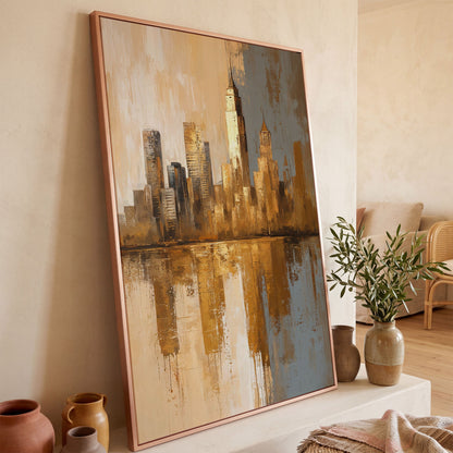 Golden Cityscape Reflection Canvas Print in rose gold floating frame