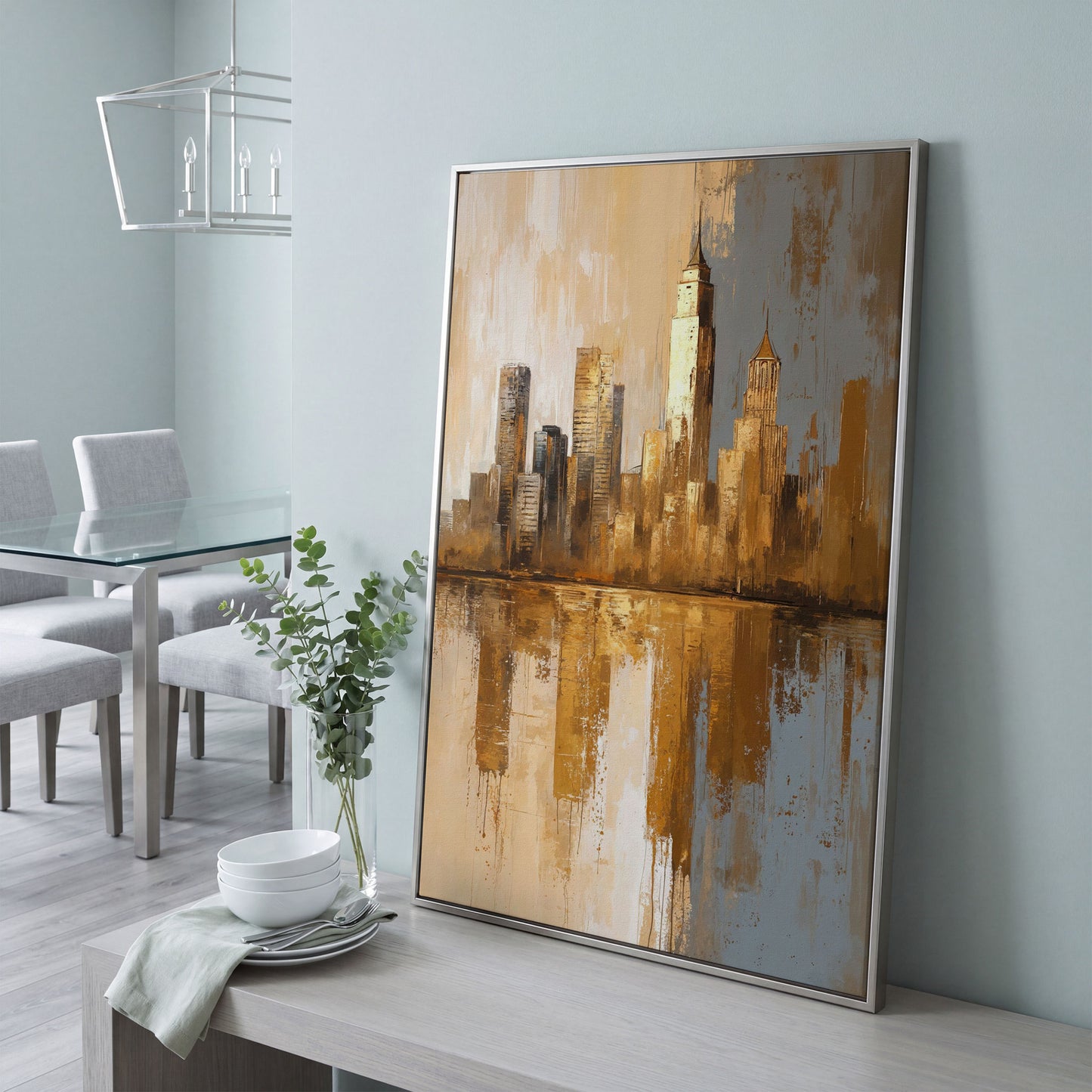 Golden Cityscape Reflection Canvas Print in silver floating frame