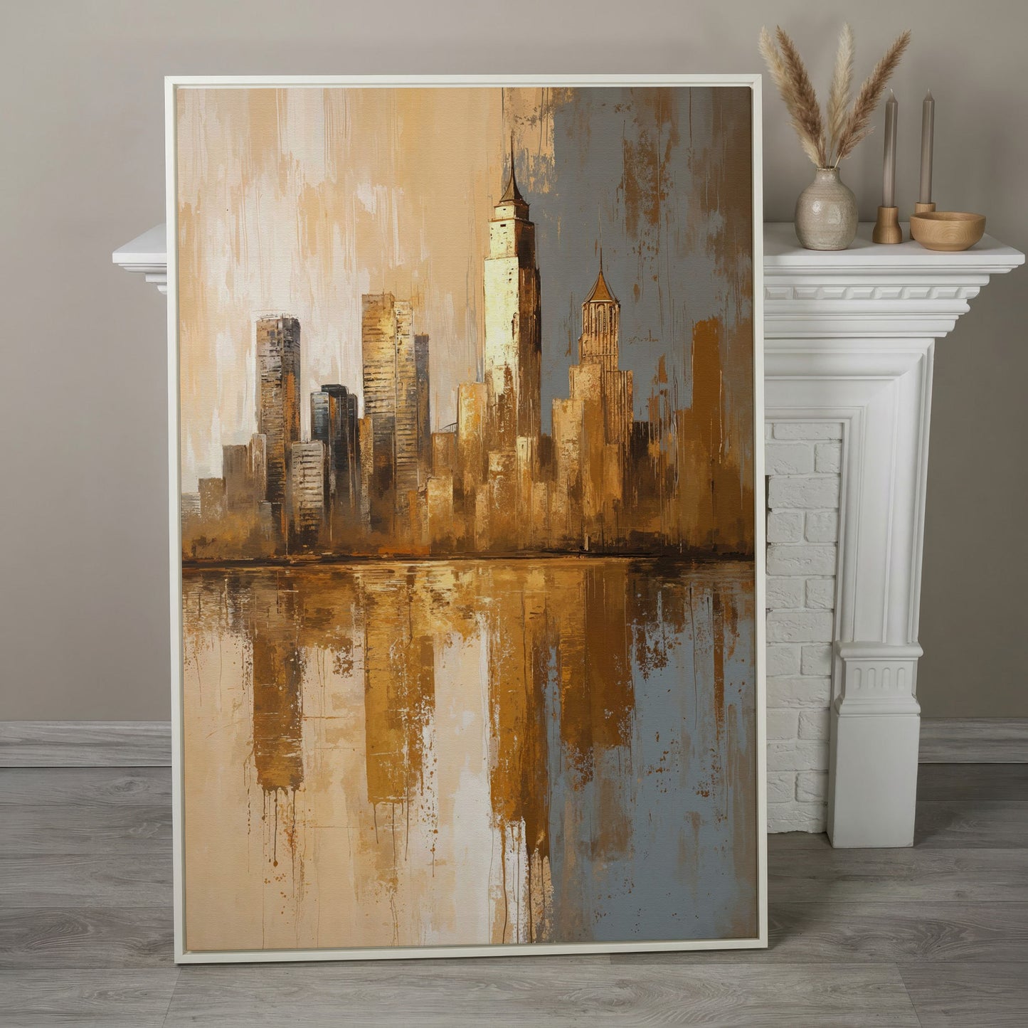 Golden Cityscape Reflection Canvas Print in white floating frame