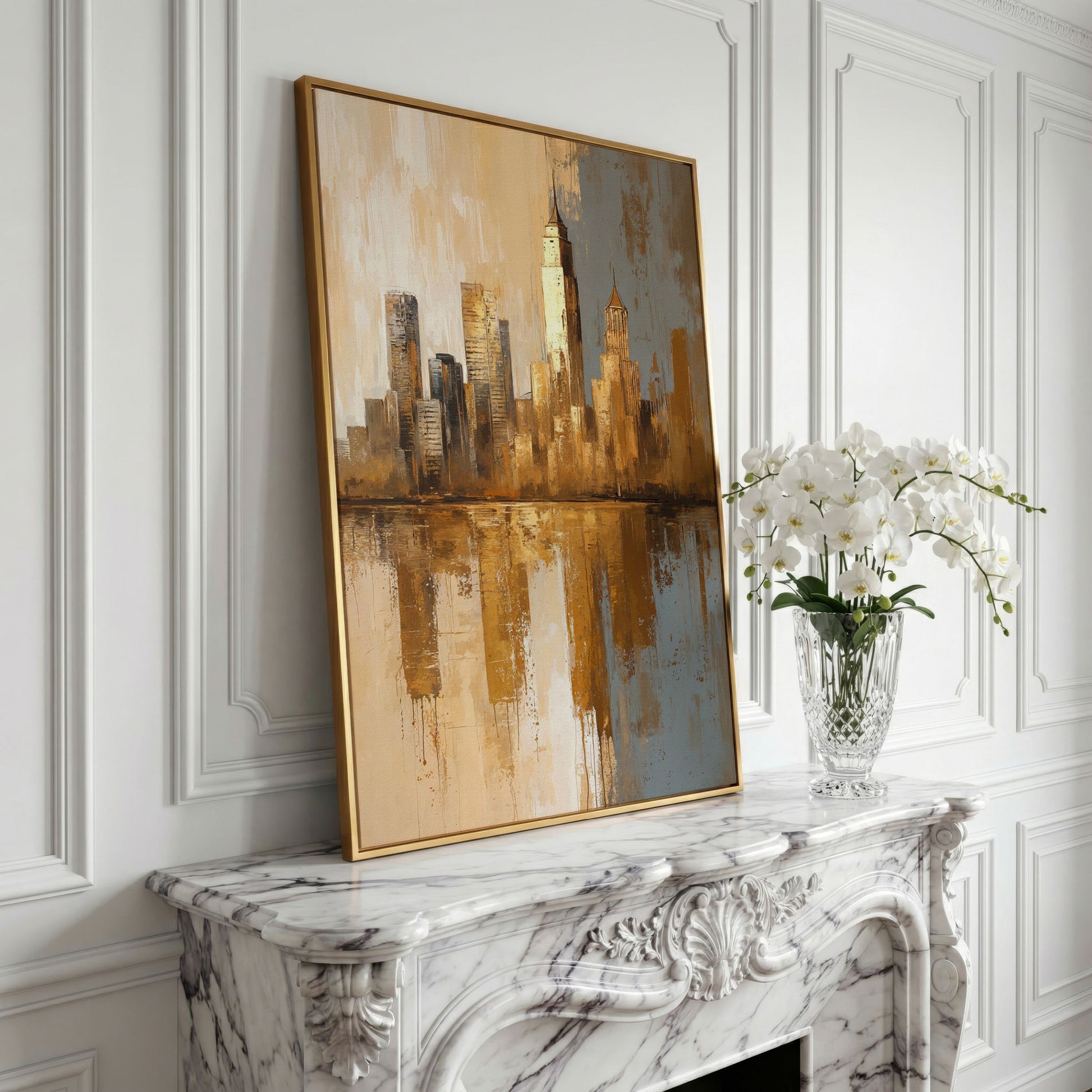 Golden Cityscape Reflection Canvas Print in yellow gold floating frame