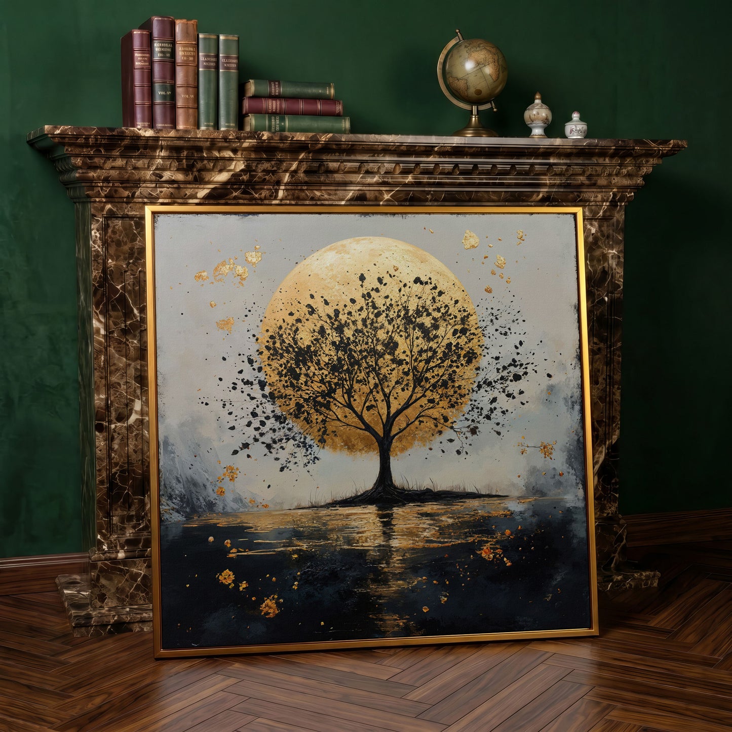 Silhouette Tree and Golden Moon Square Canvas Art in antique gold floating frame