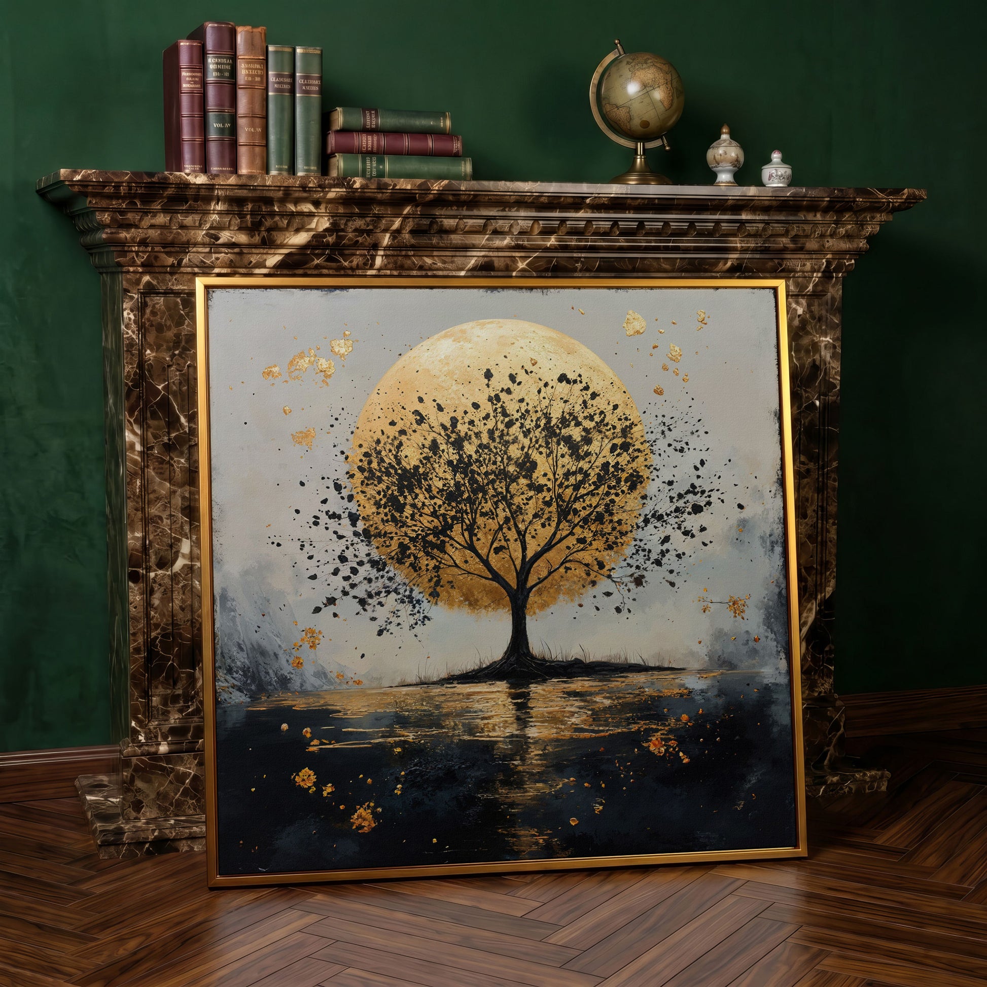 Silhouette Tree and Golden Moon Square Canvas Art in antique gold floating frame