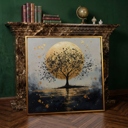 Silhouette Tree and Golden Moon Square Canvas Art in antique gold floating frame