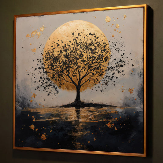 Silhouette Tree and Golden Moon Square Canvas Art shown in antique gold floating frame