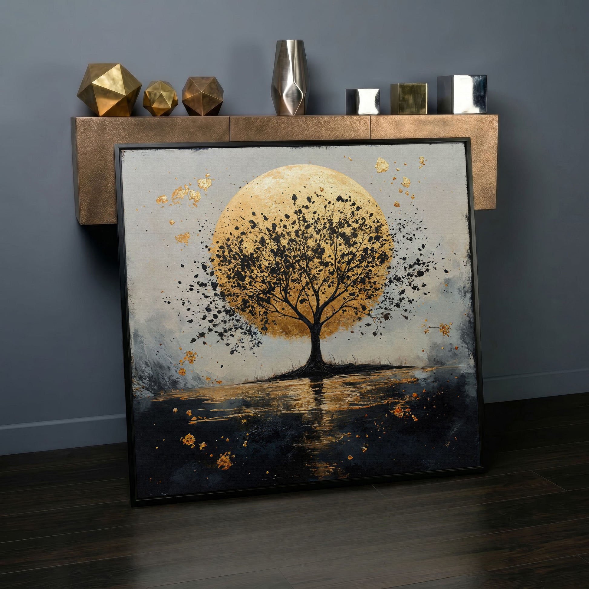 Silhouette Tree and Golden Moon Square Canvas Art in black floating frame