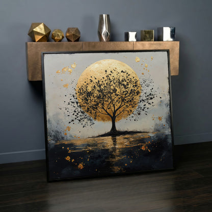 Silhouette Tree and Golden Moon Square Canvas Art in black floating frame