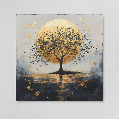 Silhouette Tree and Golden Moon Square Canvas Art on gallery wrap