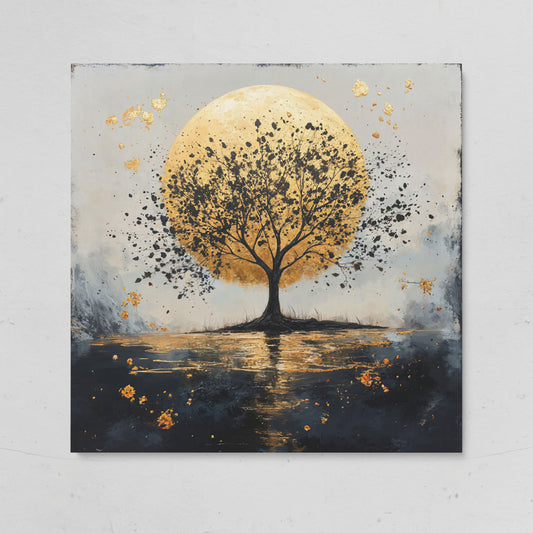 Silhouette Tree and Golden Moon Square Canvas Art on gallery wrap