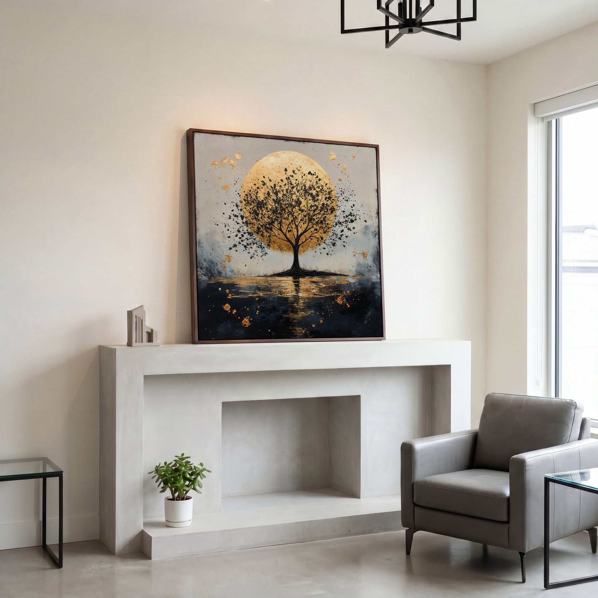 Silhouette Tree and Golden Moon Square Canvas Art in dark walnut floating frame