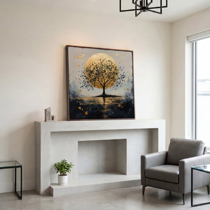 Silhouette Tree and Golden Moon Square Canvas Art in dark walnut floating frame