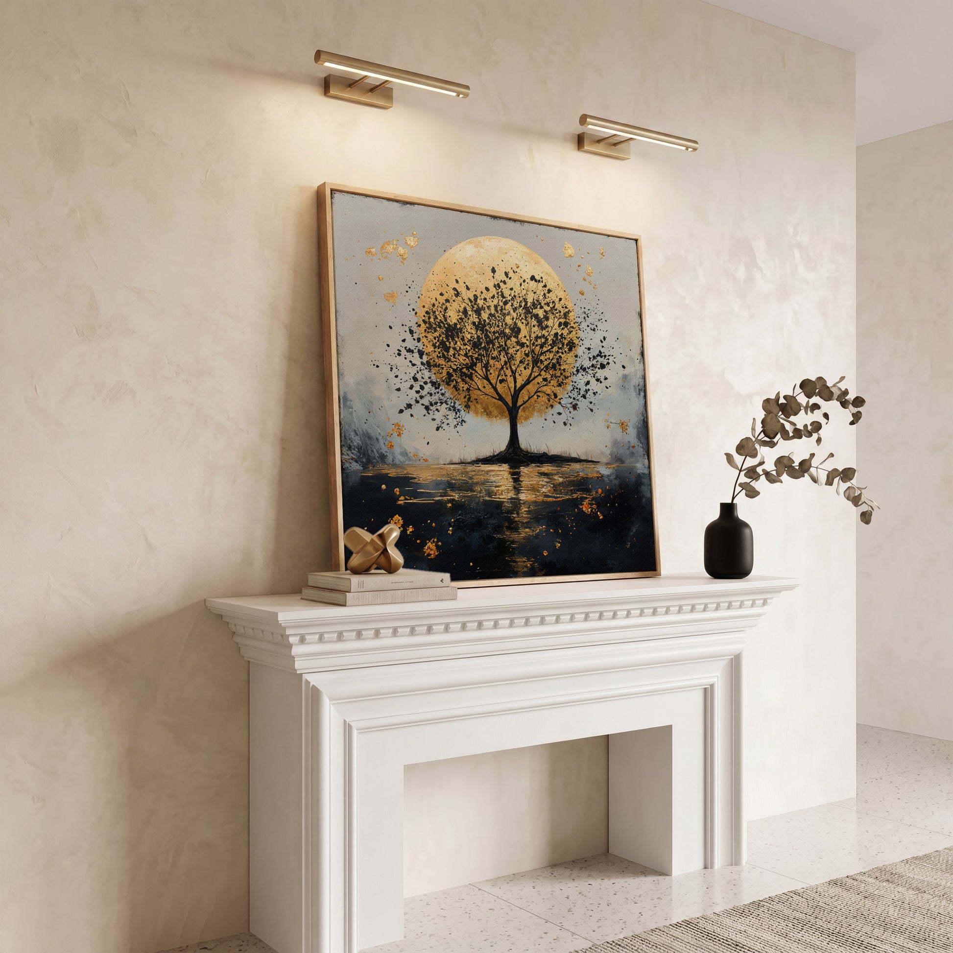 Silhouette Tree and Golden Moon Square Canvas Art in white oak floating frame