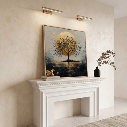 Silhouette Tree and Golden Moon Square Canvas Art in white oak floating frame