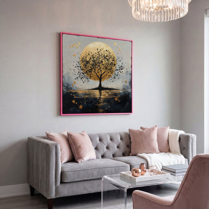 Silhouette Tree and Golden Moon Square Canvas Art in pink floating frame