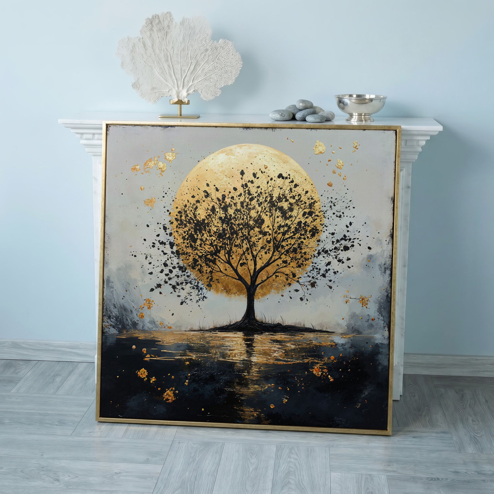 Silhouette Tree and Golden Moon Square Canvas Art in rose gold floating frame