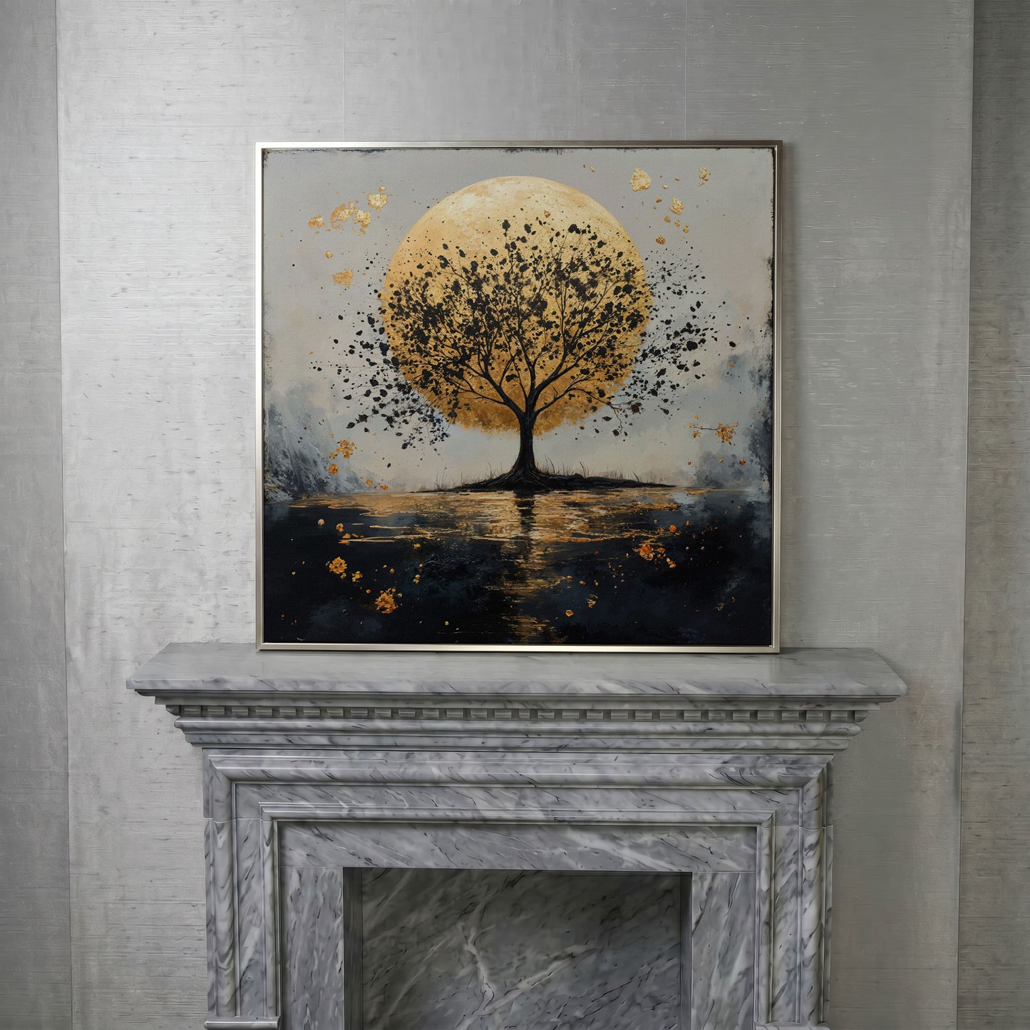 Silhouette Tree and Golden Moon Square Canvas Art in silver floating frame